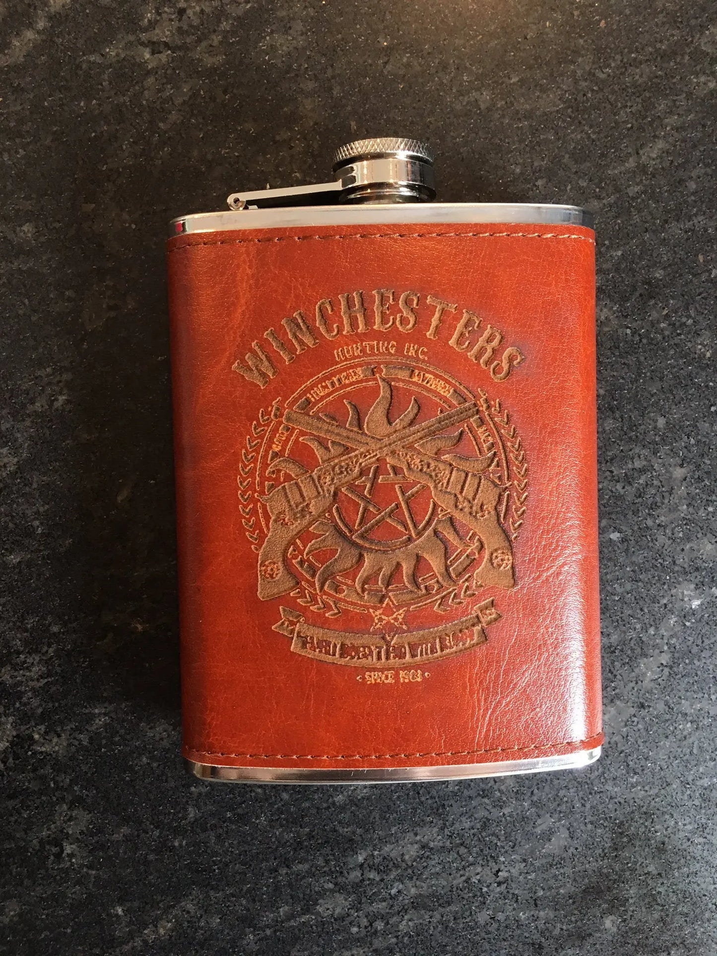 Supernatural Winchesters leather covered Flask, 8 oz. from Supernatural TV show - Geek House Creations