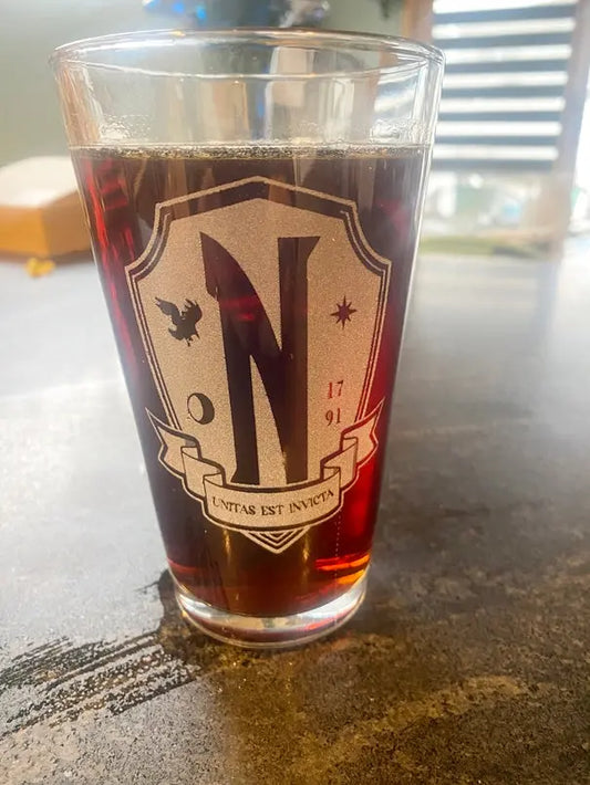 Nvermore Academy Beer Pub Pint Glass, Wednesday Addams fan glass - Geek House Creations