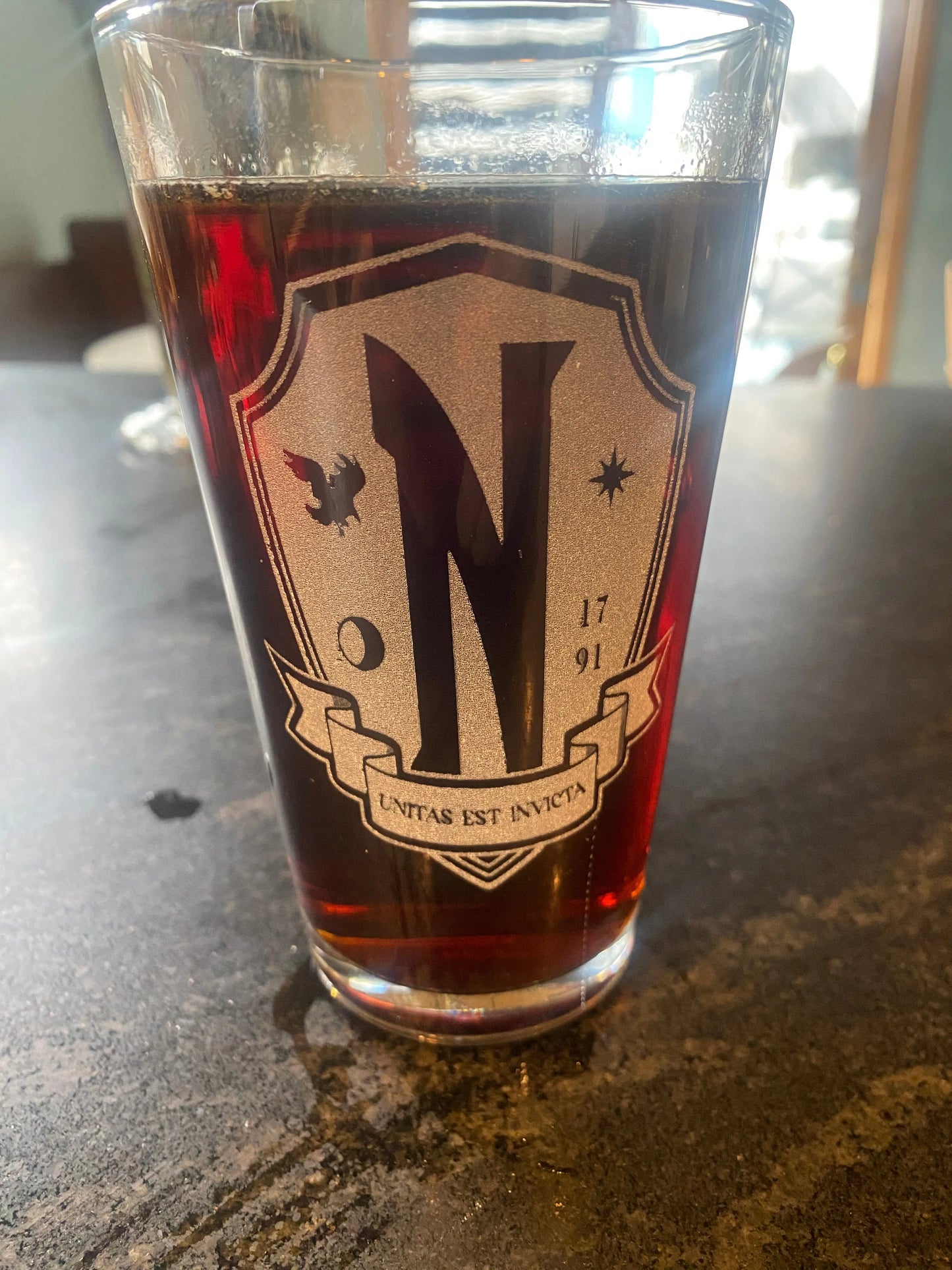 Nvermore Academy Beer Pub Pint Glass, Wednesday Addams fan glass - Geek House Creations
