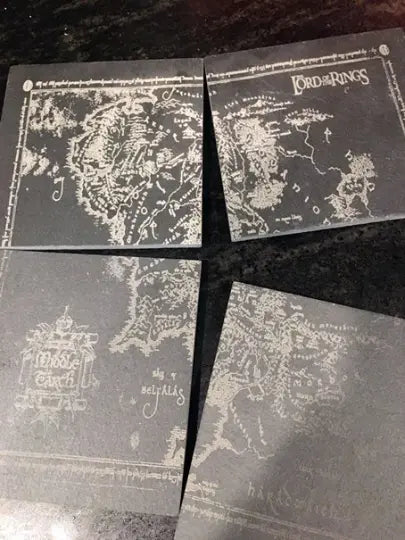 Map of Middle Earth laser engraved on a set of slate coasters, , from Fellowship of the Ring, LOTR Art - Geek House Creations