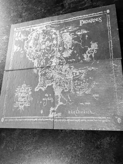 Map of Middle Earth laser engraved on a set of slate coasters, , from Fellowship of the Ring, LOTR Art - Geek House Creations
