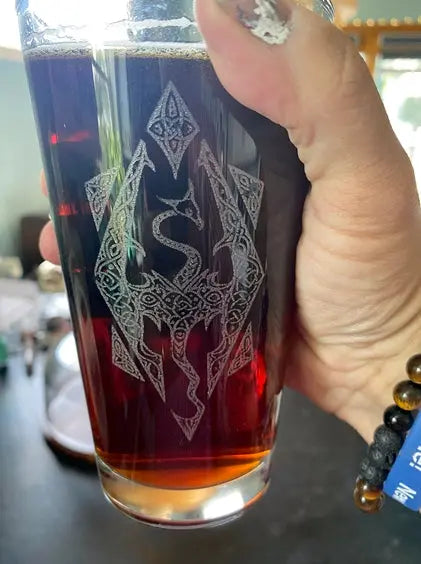 Skyrim Pub Pint Glass, Laser engraved fan art - Geek House Creations
