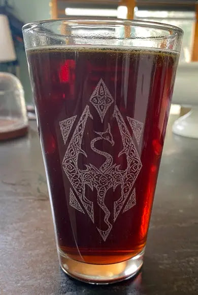 Skyrim Pub Pint Glass, Laser engraved fan art - Geek House Creations