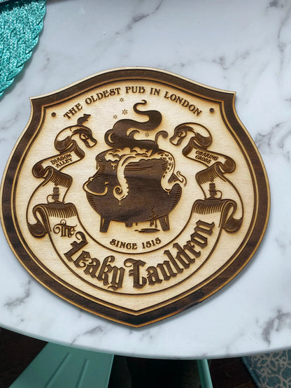 Leaky Cauldron Wall Art, woodwork pyrography - Geek House Creations