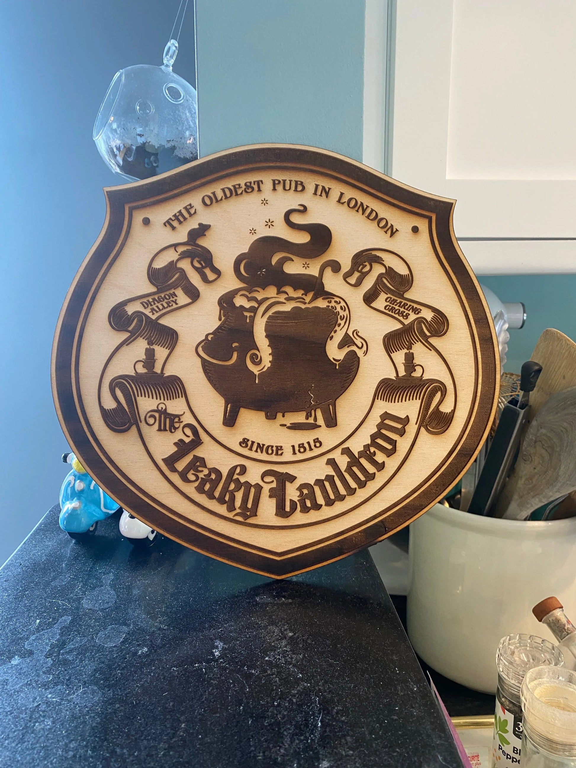 Leaky Cauldron Wall Art, woodwork pyrography - Geek House Creations