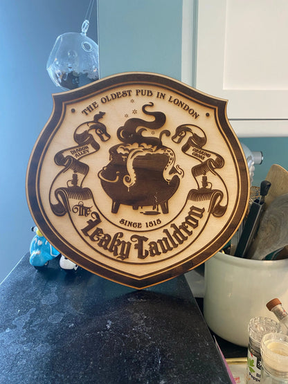 Leaky Cauldron Wall Art, woodwork pyrography - Geek House Creations
