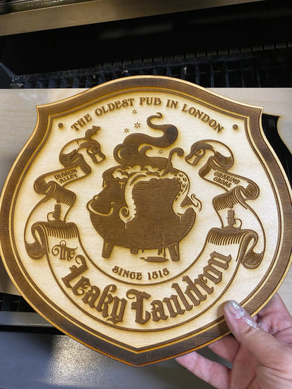 Leaky Cauldron Wall Art, woodwork pyrography - Geek House Creations