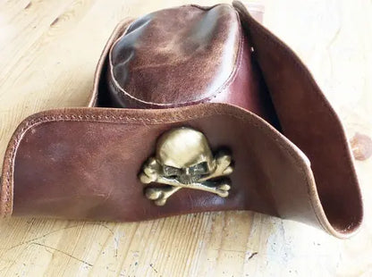 Real Leather Pirate tricorn hat with skull and crossbones - Geek House Creations