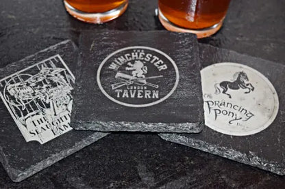 Slaughtered Lamb, Prancing Pony, Winchester Pub, and Green Dragon Inn Slate Coasters Set of 4 - Geek House Creations