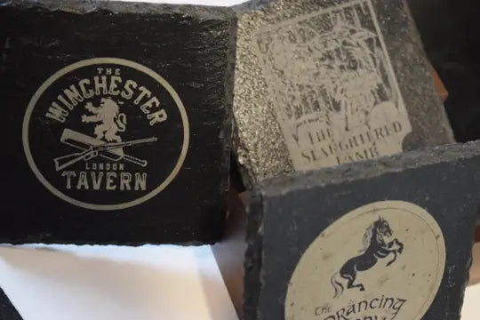 Slaughtered Lamb, Prancing Pony, Winchester Pub, and Green Dragon Inn Slate Coasters Set of 4 - Geek House Creations
