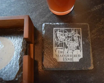 Slaughtered Lamb, Prancing Pony, Winchester Pub, and Green Dragon Inn Slate Coasters Set of 4 - Geek House Creations